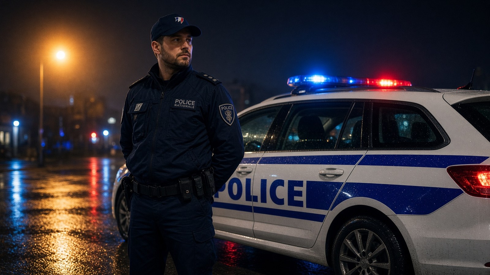 Policier en uniforme devant une voiture de police française, de nuit.