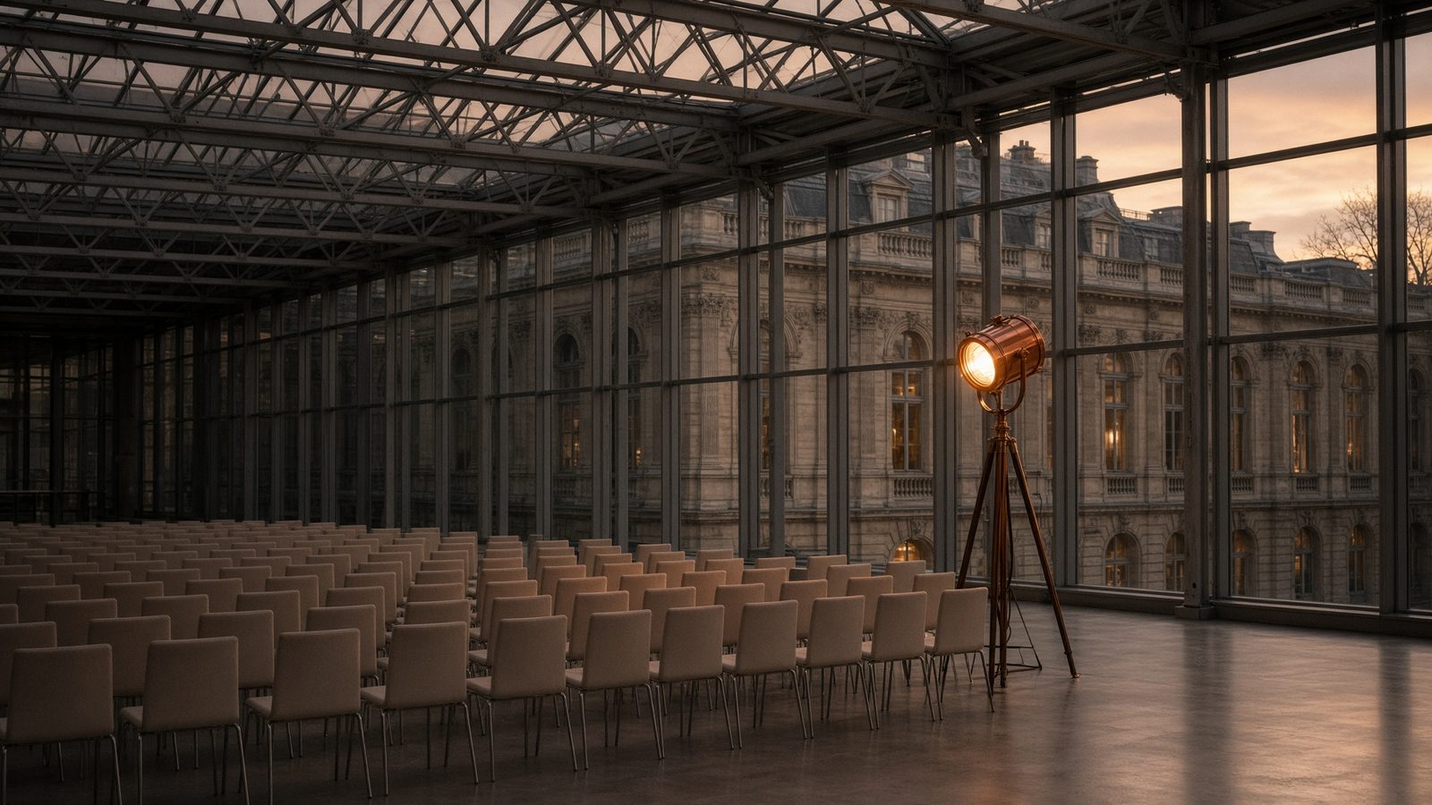 Grande nef vitrée vide, rangées de chaises de conférence inutilisées, lumière cuivre au crépuscule.