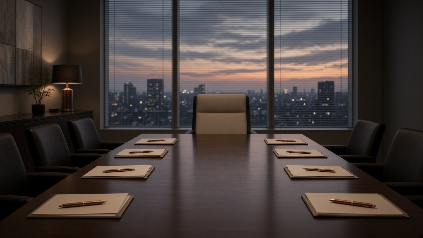 Table de conseil, dossiers crème, stylos cuivre, une chaise vide, dusk derrière les stores.