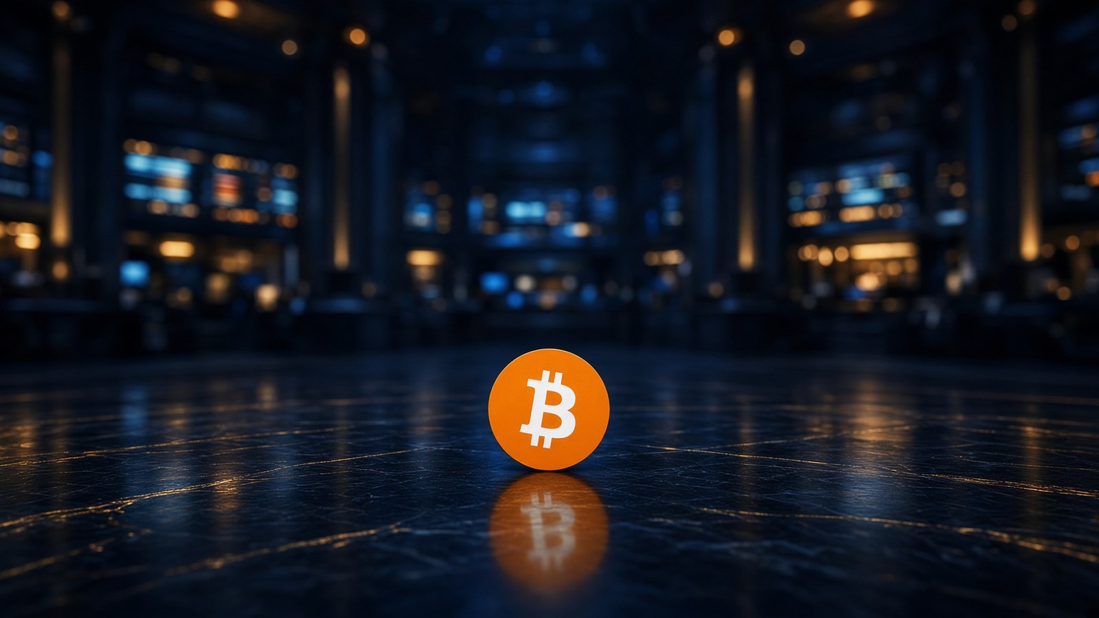 B bitcoin orange, petit, au centre d’un hall sombre.