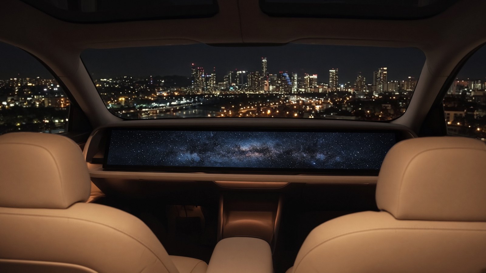 Habitacle crème d’un robotaxi sans volant, grand écran allumé sur un ciel étoilé, ville de nuit derrière le verre.