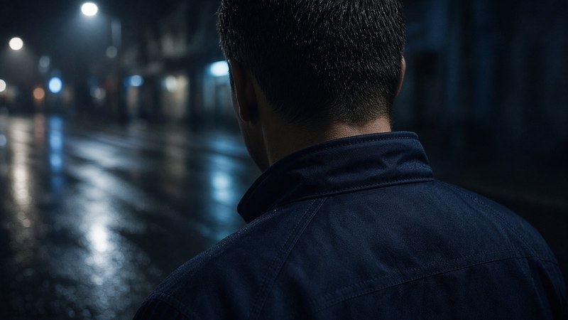 Police officer from behind, close-up, at night.