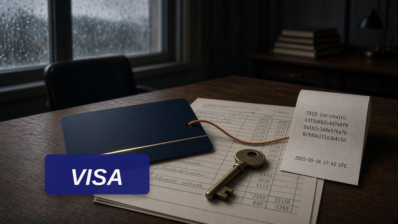 Navy card, settlement ledger, Visa wordmark, an orange thread to a hash.