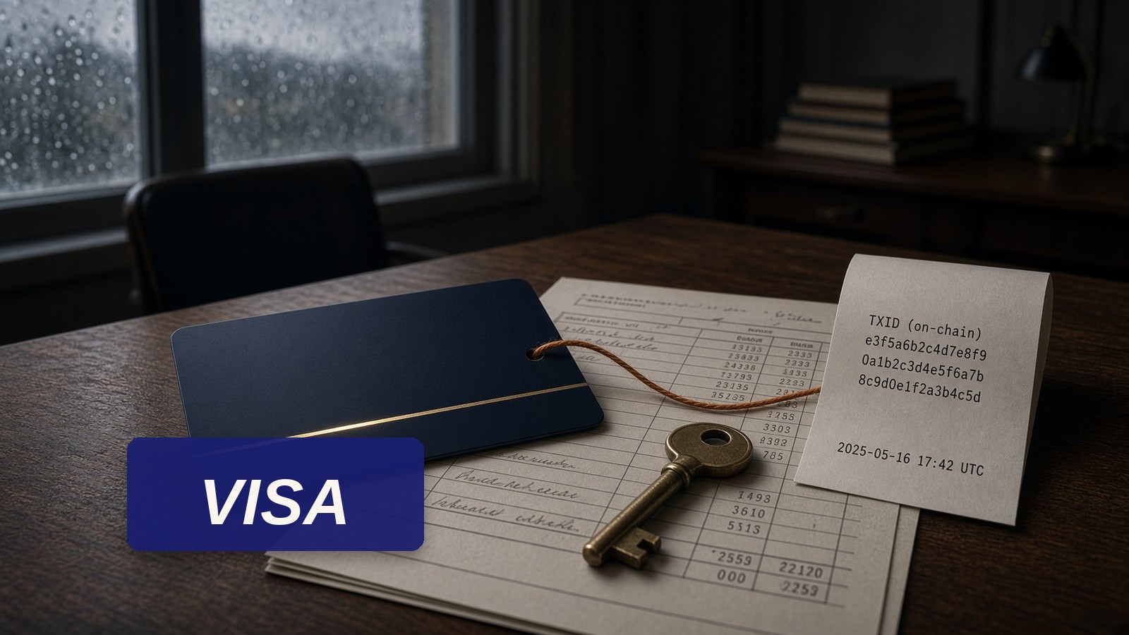 Navy card, settlement ledger, Visa wordmark, an orange thread to a hash.