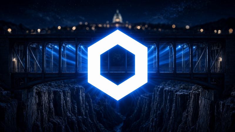 Grand hexagone Chainlink, centré, sur un pont d’acier bleu.