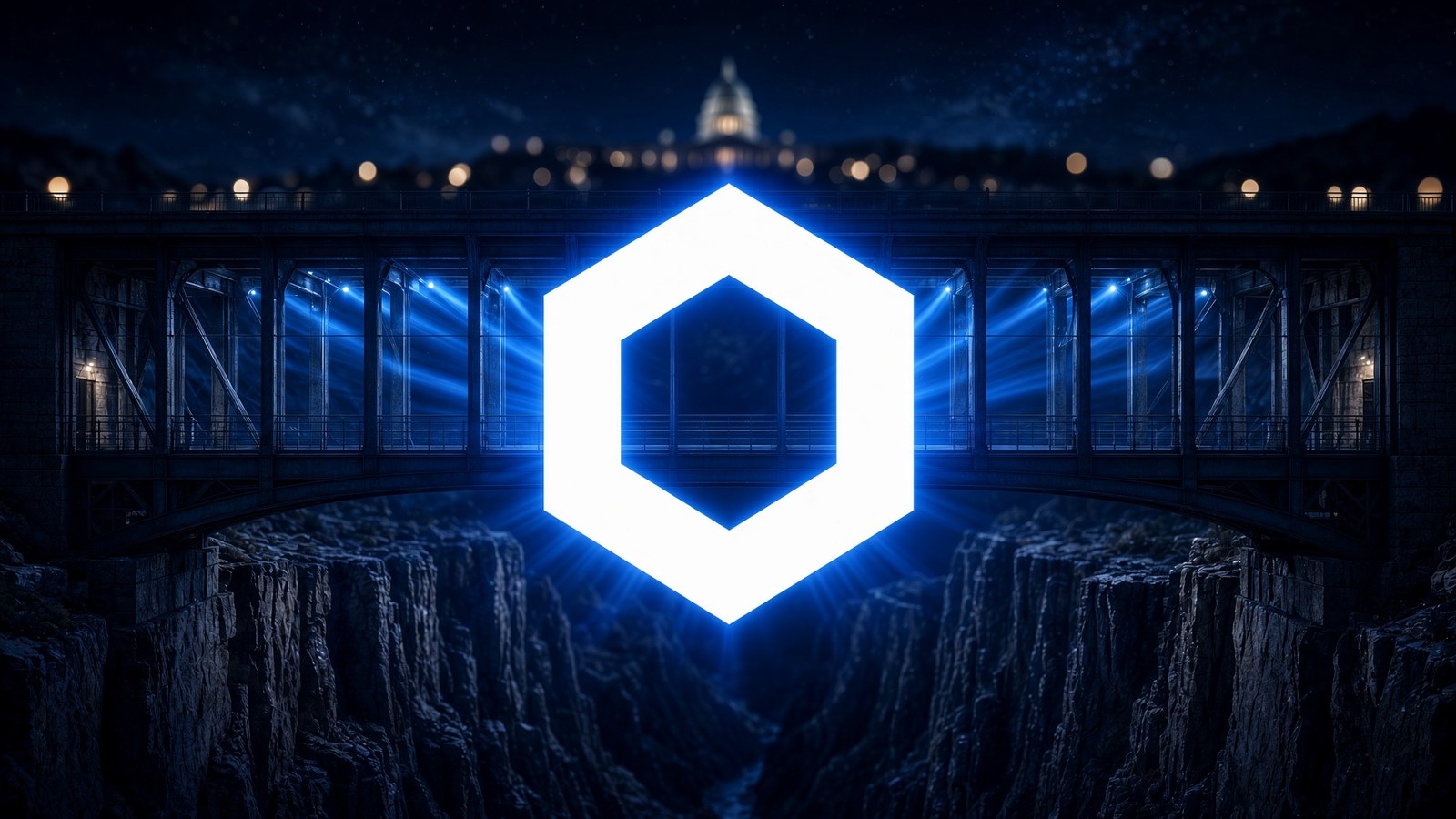 Grand hexagone Chainlink, centré, sur un pont d’acier bleu.